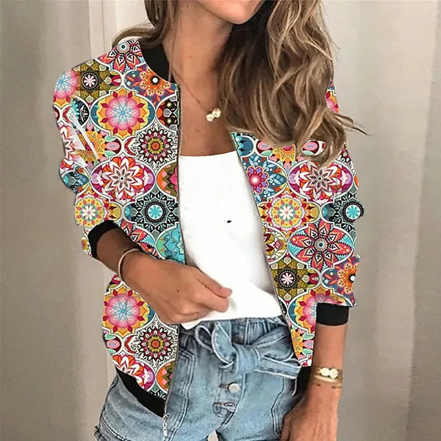 Dilys | Printed Zip-Front Lightweight Jacket in Black