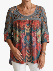 Donnette | Printed Lace-Yoke Blouse