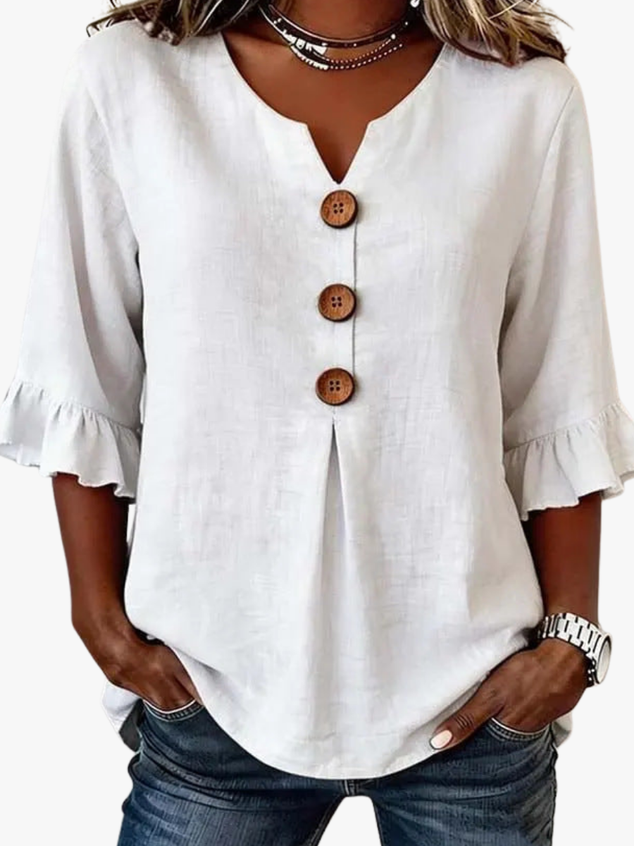 Jolinda | Button-Neck Ruffle-Sleeve Blouse