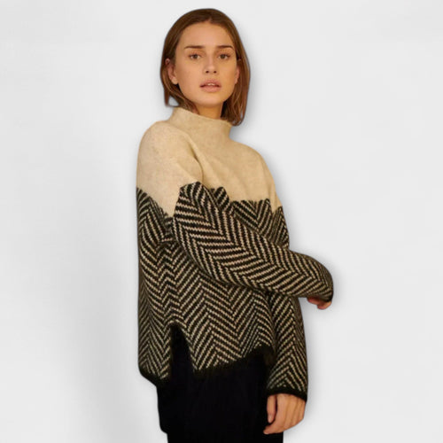 Agathe | Brown Turtleneck Jumper With Herringbone Pattern
