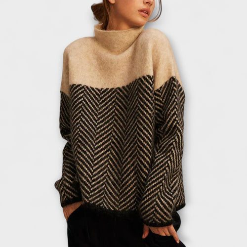 Agathe | Brown Turtleneck Jumper With Herringbone Pattern
