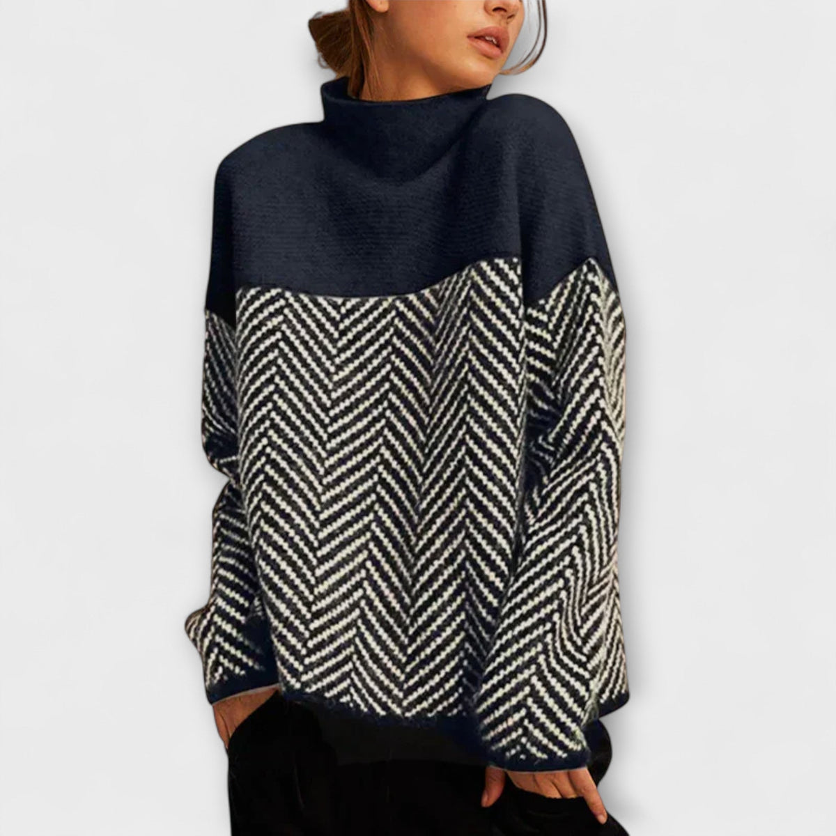 Agathe | Brown Turtleneck Jumper With Herringbone Pattern