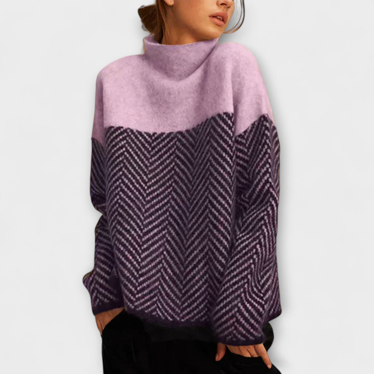 Agathe | Brown Turtleneck Jumper With Herringbone Pattern