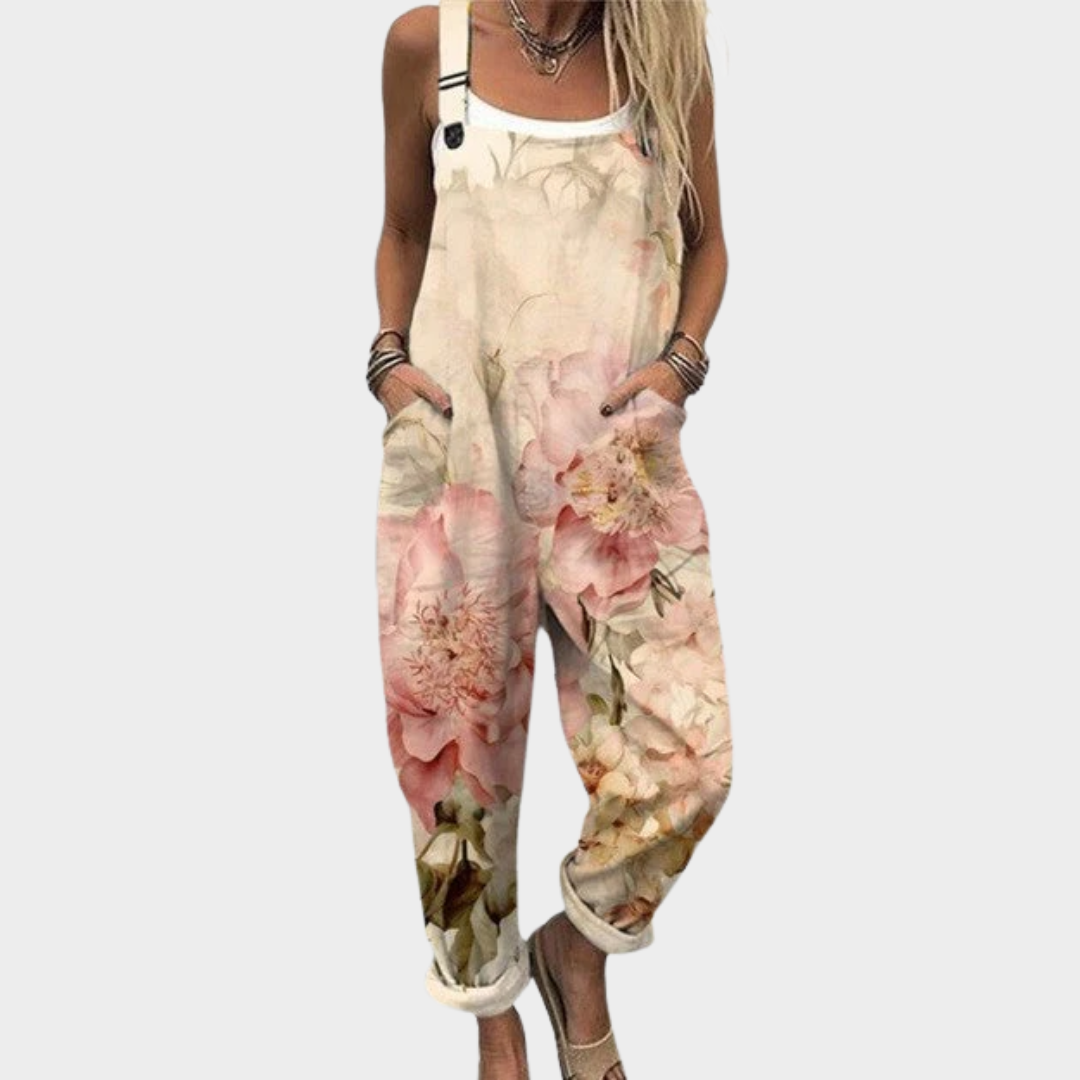 BEIGE PRINTED ADJUSTABLE-STRAP JUMPSUIT