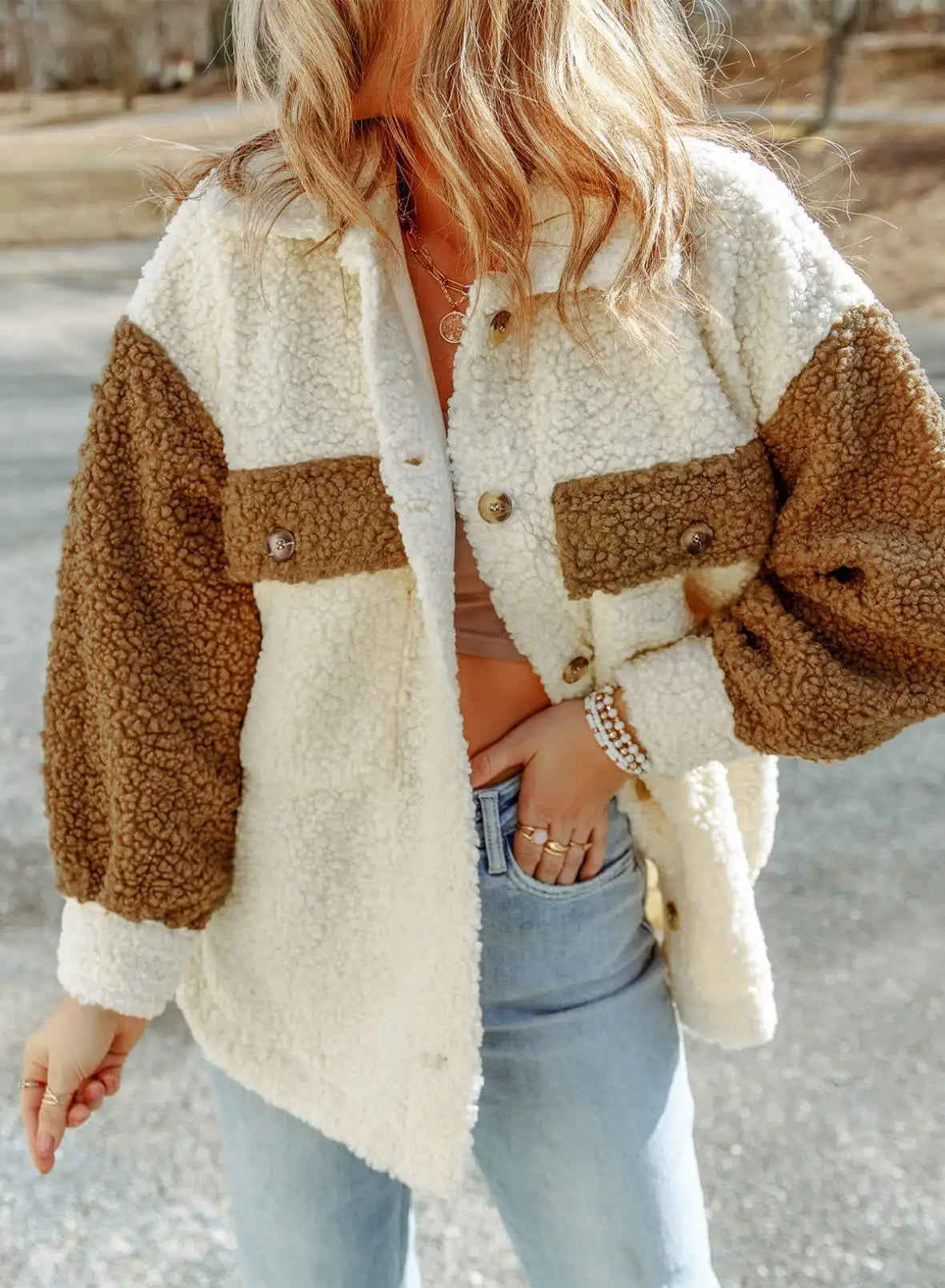 Melisande | Contrast Sherpa Button-Front Jacket in Pink