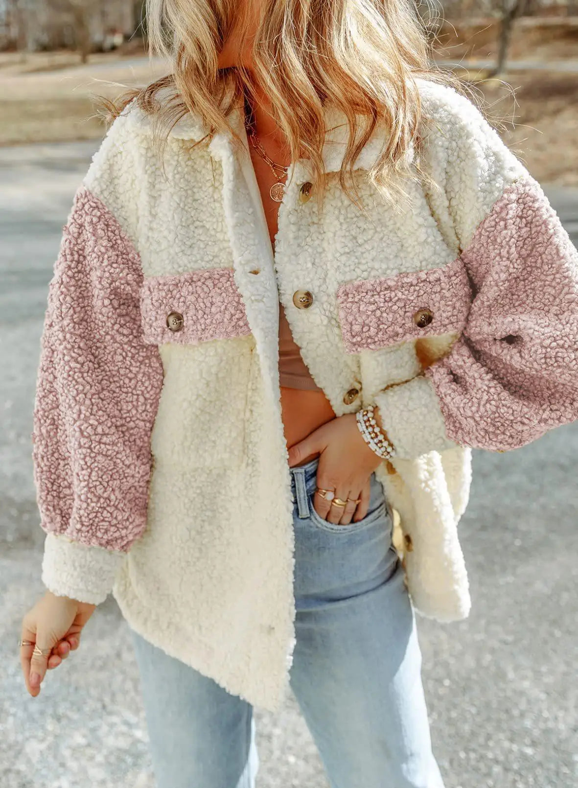 Melisande | Contrast Sherpa Button-Front Jacket in Pink