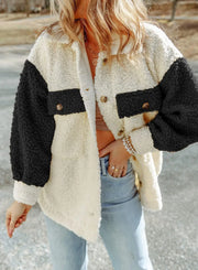Melisande | Contrast Sherpa Button-Front Jacket in Black