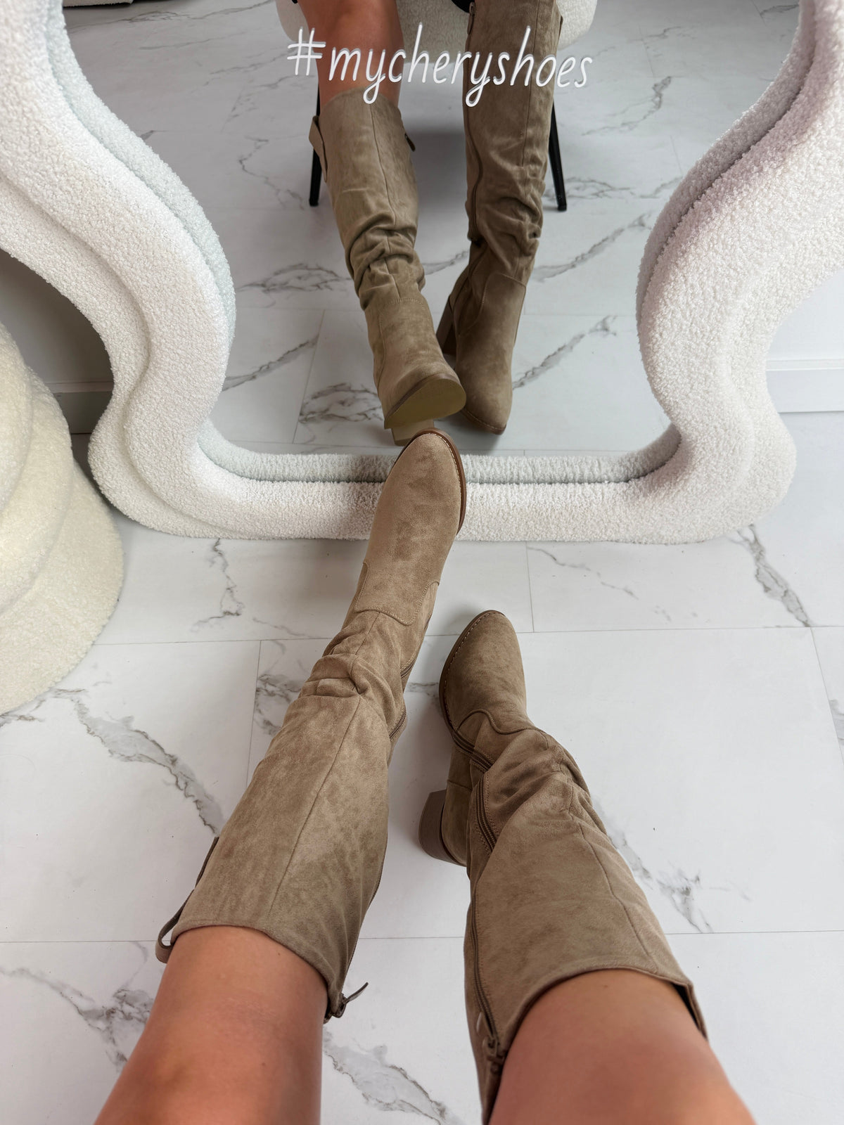 Amandine ruched high suedine boots in taupe