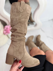 Amandine ruched high suedine boots in taupe