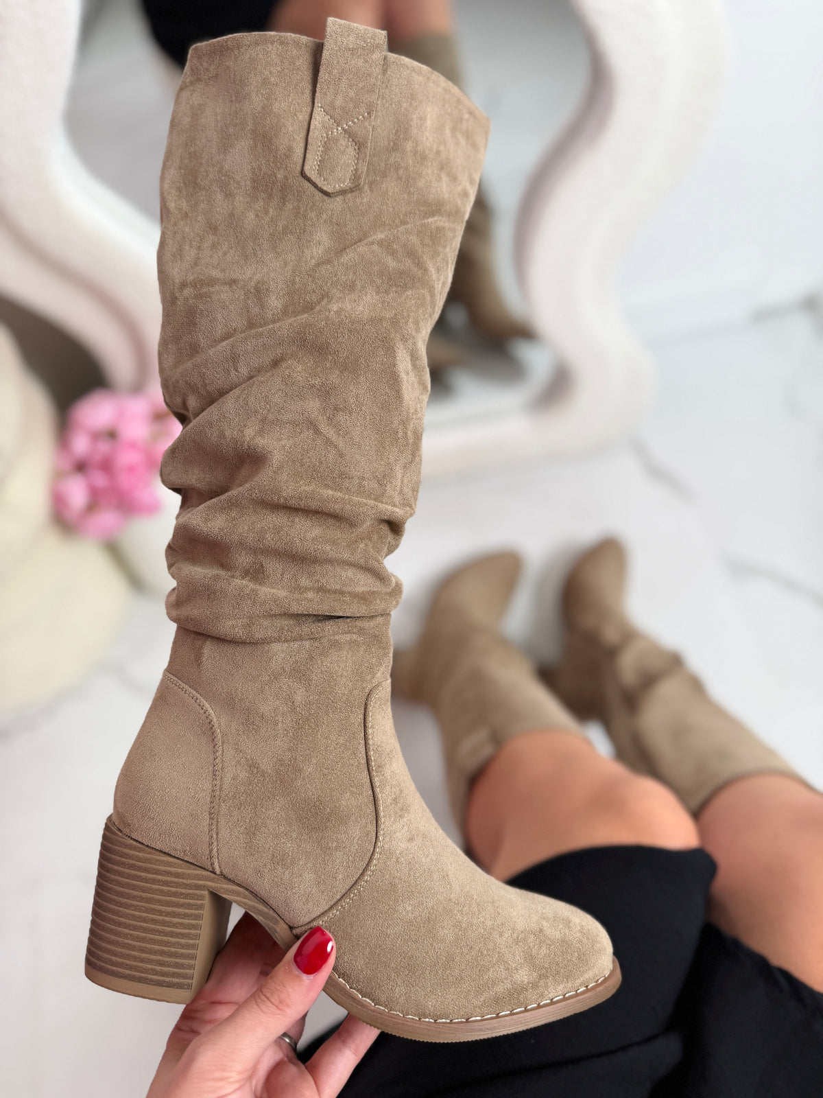 Amandine ruched high suedine boots in taupe