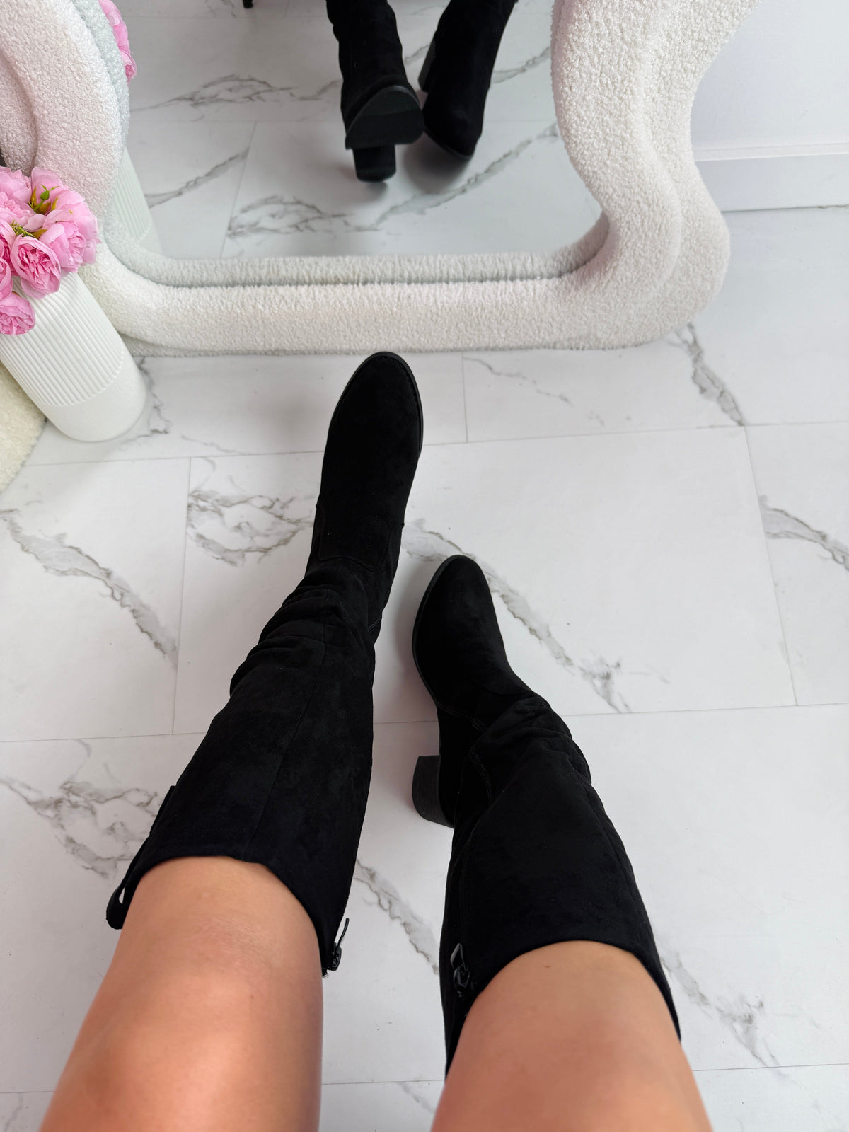 Amandine ruched high suedine boots in black