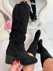 Amandine ruched high suedine boots in black