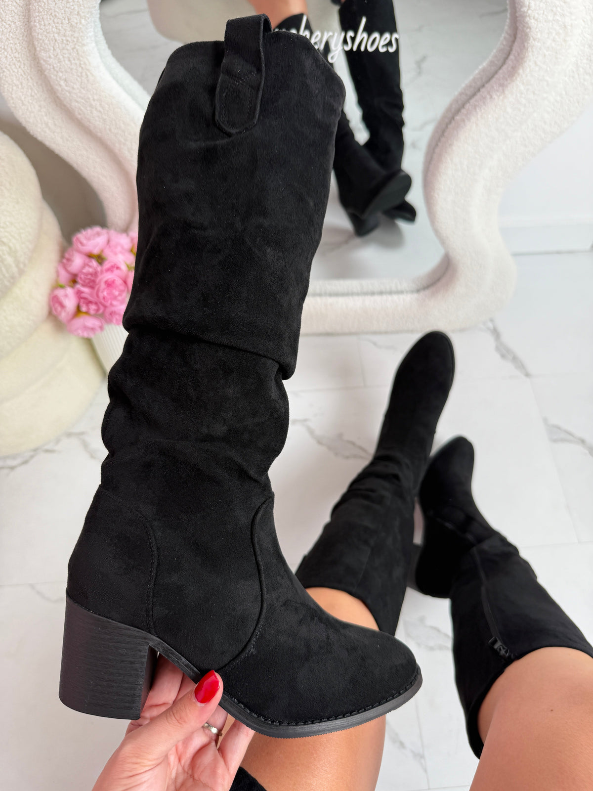 Amandine ruched high suedine boots in black