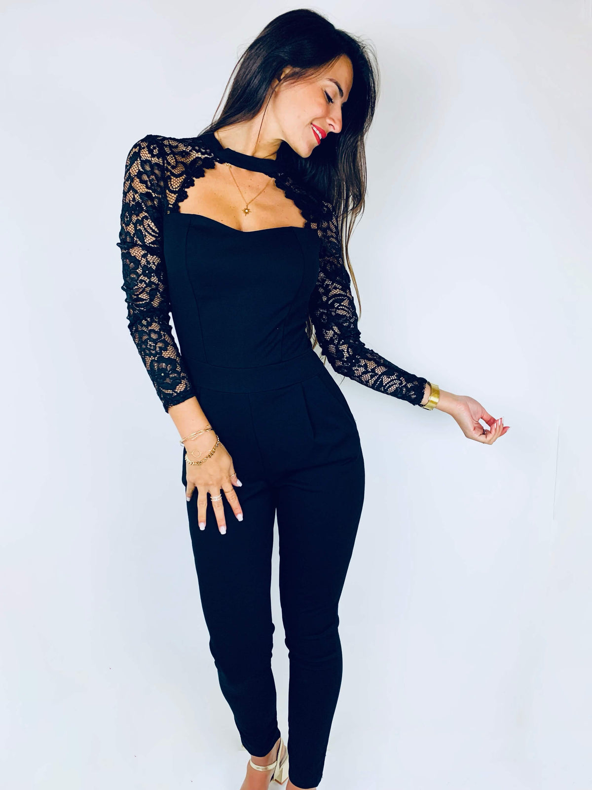 Laquanda | Lace-Sleeve Cut-Out Jumpsuit