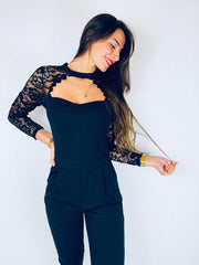 Laquanda | Lace-Sleeve Cut-Out Jumpsuit