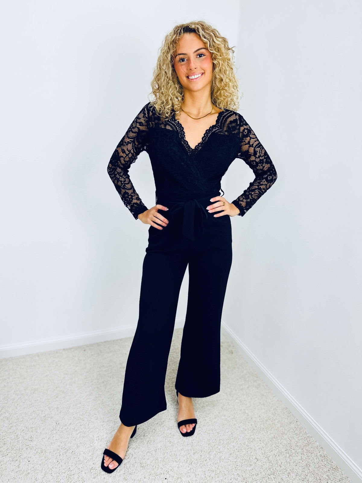 Kathey | Lace-Sleeve Wrap Jumpsuit
