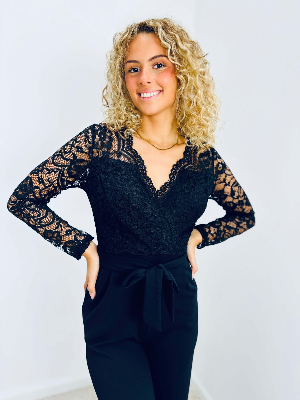 Kathey | Lace-Sleeve Wrap Jumpsuit