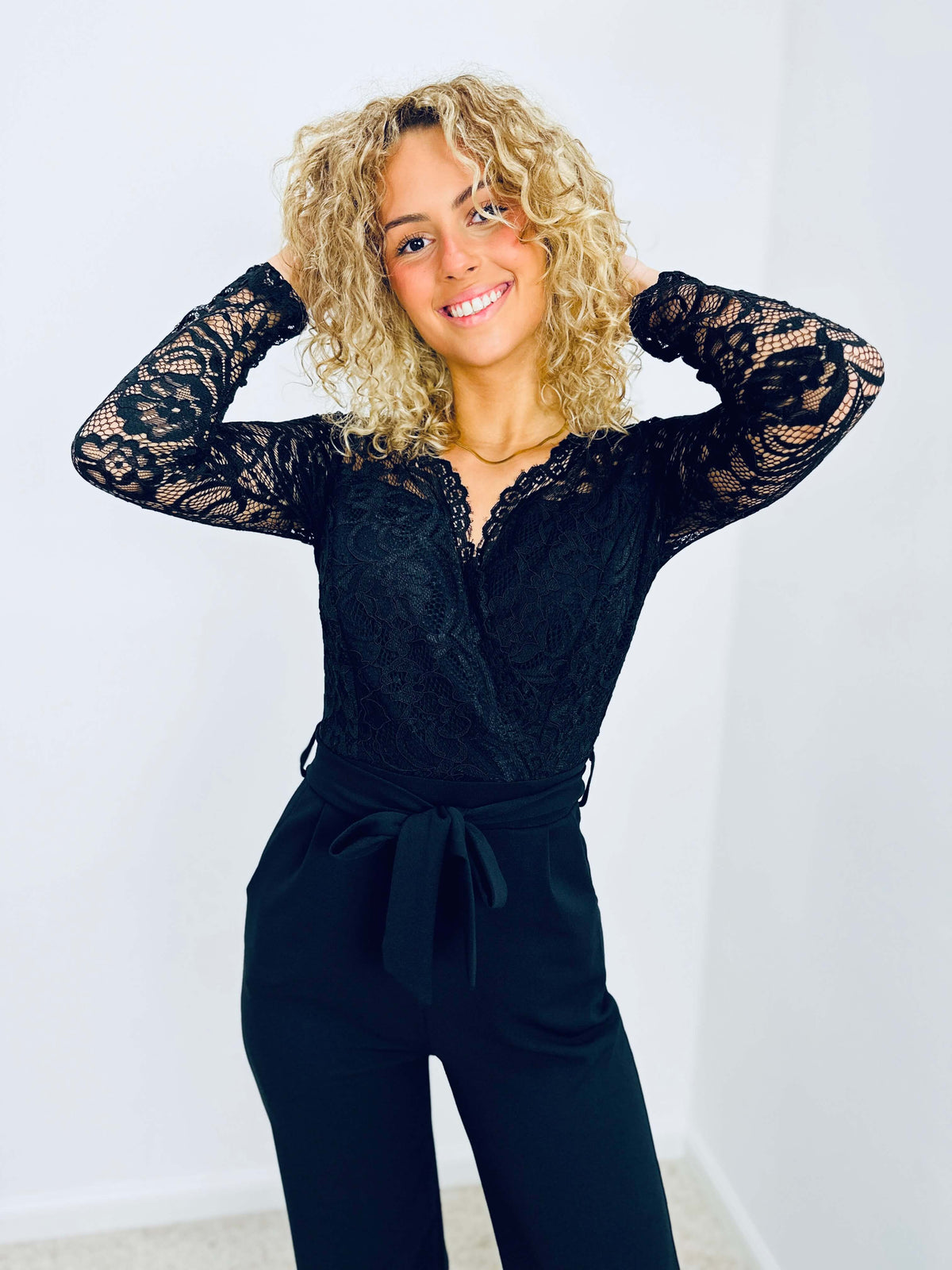 Kathey | Lace-Sleeve Wrap Jumpsuit
