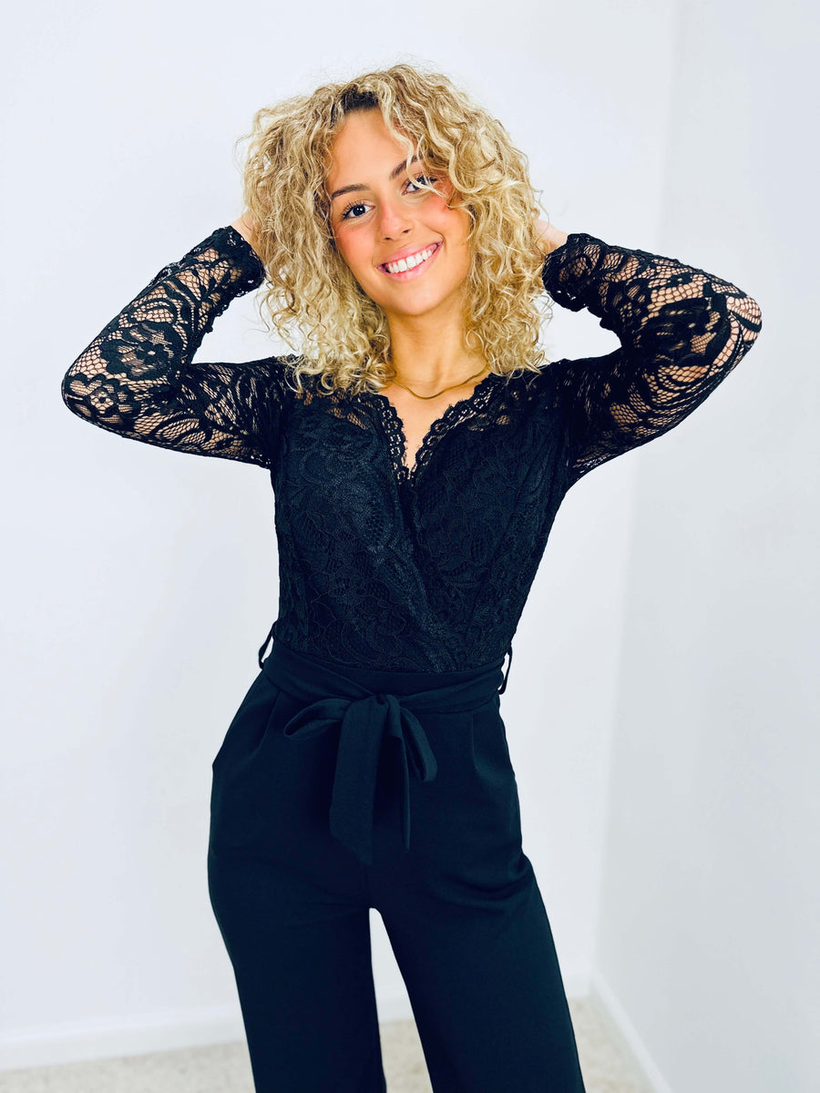 Kathey | Lace-Sleeve Wrap Jumpsuit