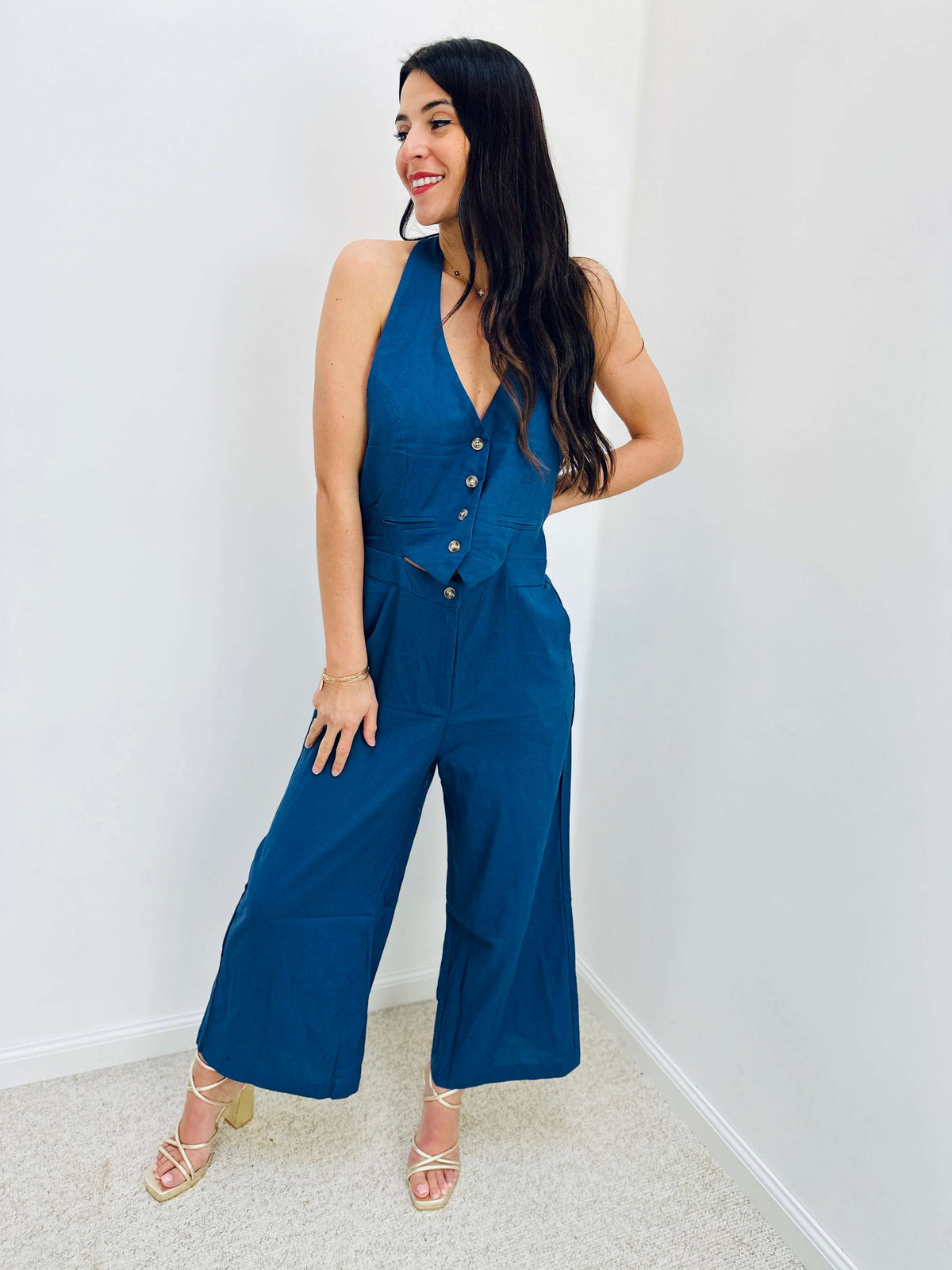 Sharice | Button-Front Halter Jumpsuit