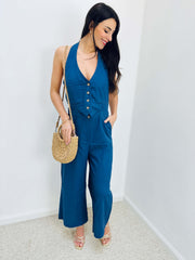 Sharice | Button-Front Halter Jumpsuit