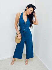 Sharice | Button-Front Halter Jumpsuit
