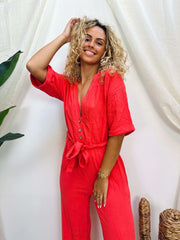 Tonette | Tie-Waist Button Jumpsuit