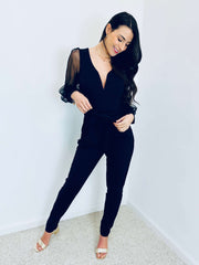 Amairani | Sheer-Sleeve V-Neck Jumpsuit