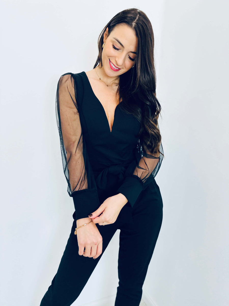 Amairani | Sheer-Sleeve V-Neck Jumpsuit