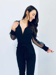 Amairani | Sheer-Sleeve V-Neck Jumpsuit