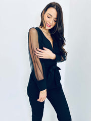 Amairani | Sheer-Sleeve V-Neck Jumpsuit