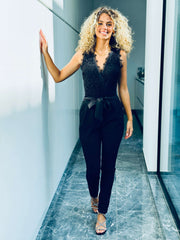 Romelia | V-Neck Lace Waist-Tie Jumpsuit