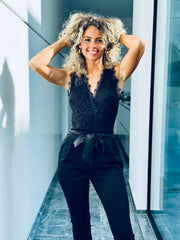 Romelia | V-Neck Lace Waist-Tie Jumpsuit