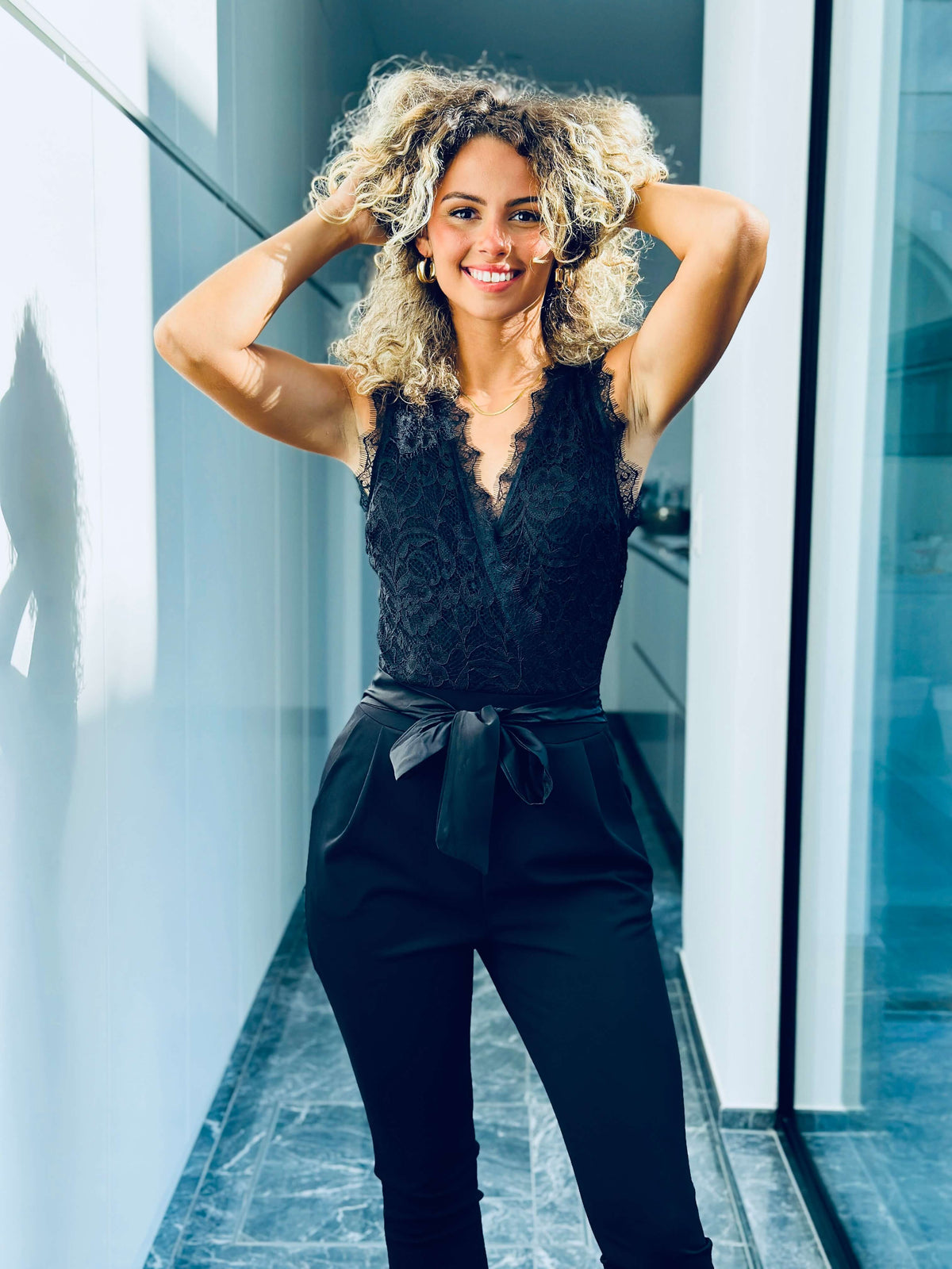 Romelia | V-Neck Lace Waist-Tie Jumpsuit