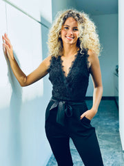 Romelia | V-Neck Lace Waist-Tie Jumpsuit