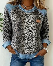 Leopard-Print Sweatshirt with Contrast Denim Trim