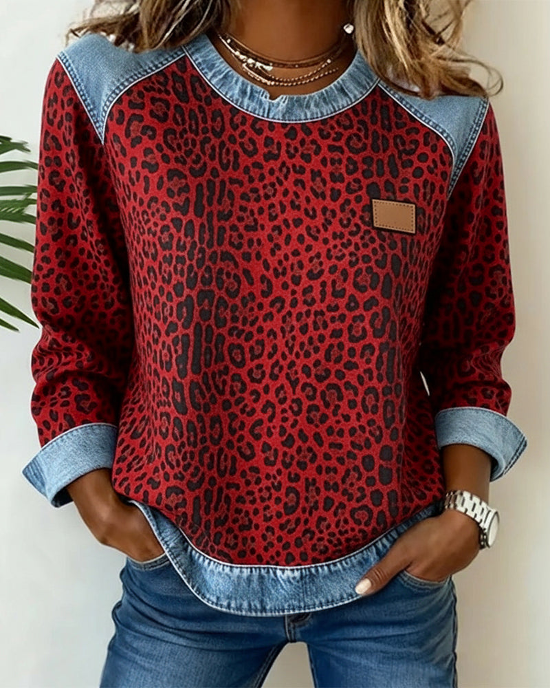 Leopard-Print Sweatshirt with Contrast Denim Trim