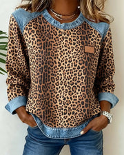 Leopard-Print Sweatshirt with Contrast Denim Trim