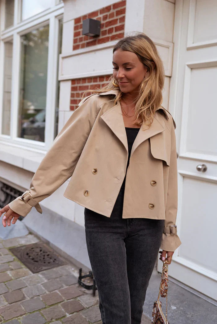 Zorica | Cropped Double-Breasted Trench Coat in Khaki