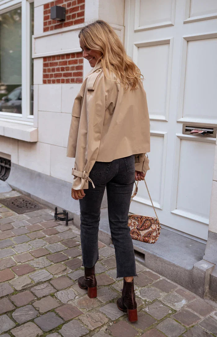 Zorica | Cropped Double-Breasted Trench Coat in Khaki