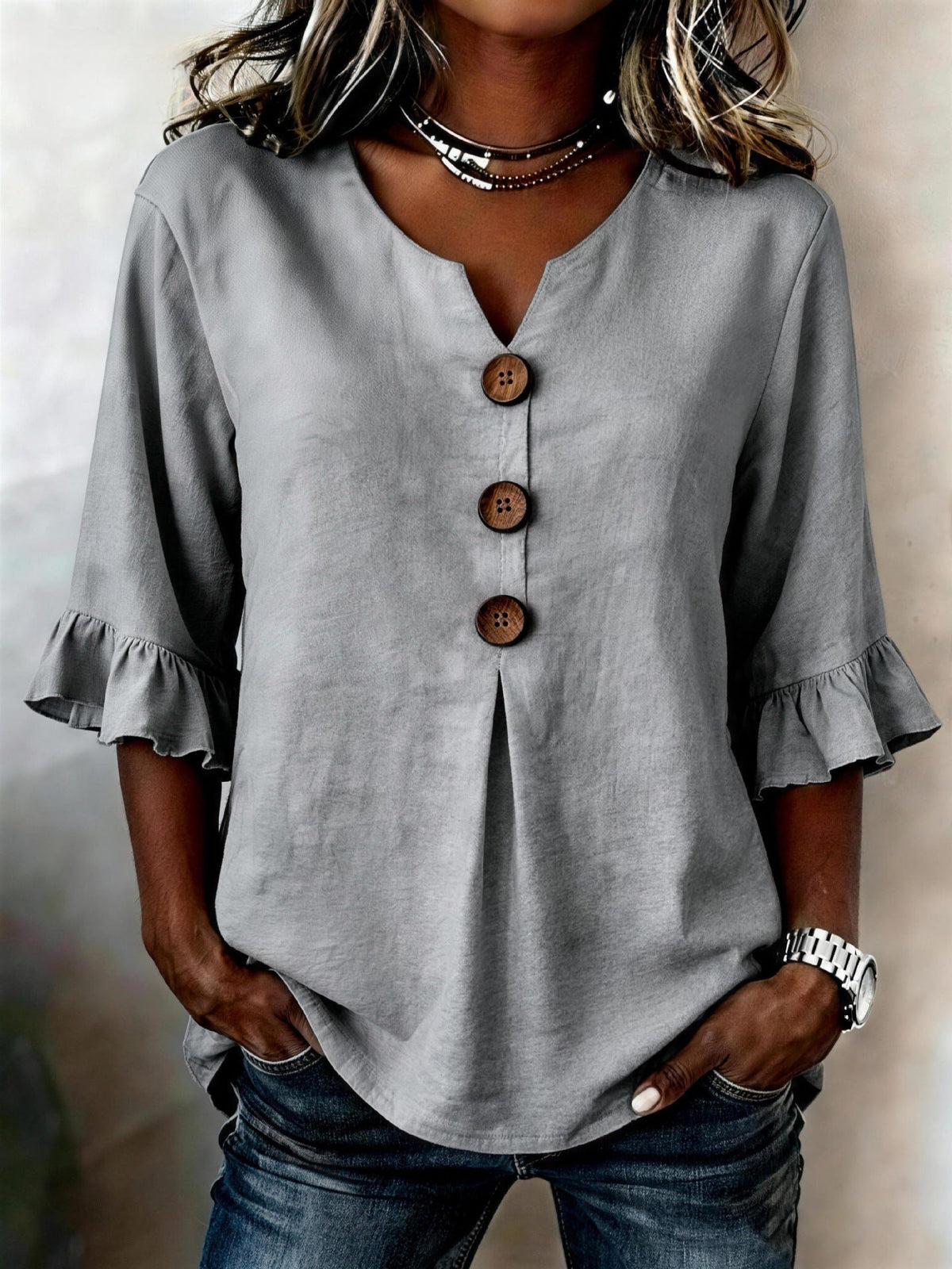 Jolinda | Button-Neck Ruffle-Sleeve Blouse