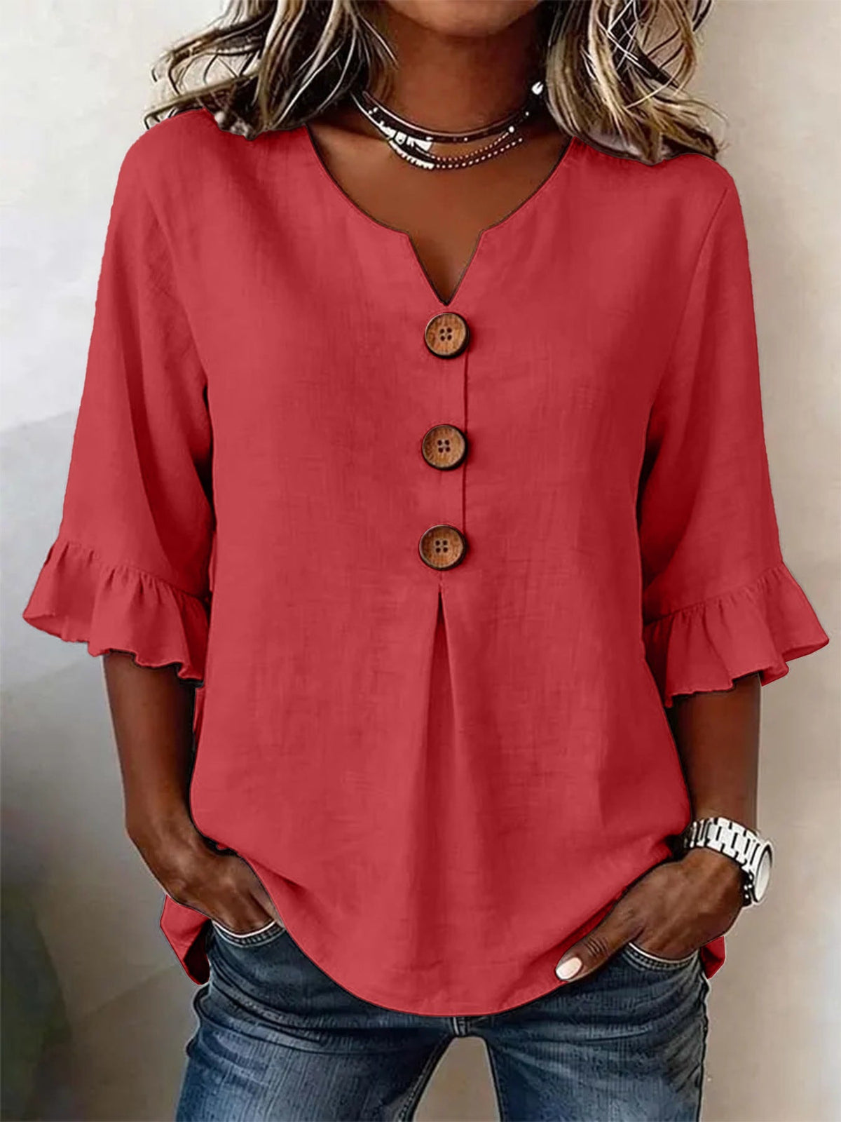 Jolinda | Button-Neck Ruffle-Sleeve Blouse