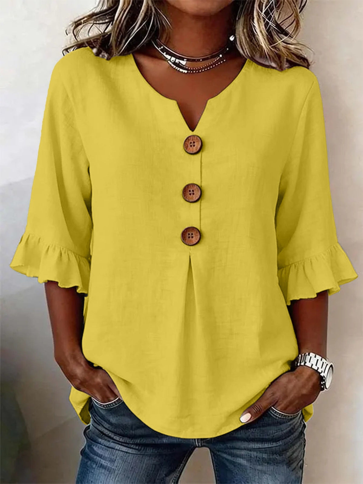 Jolinda | Button-Neck Ruffle-Sleeve Blouse