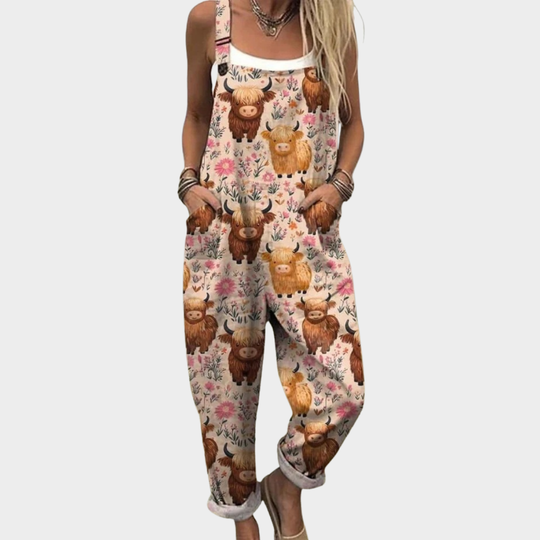 RELAXED-FIT PRINTED ADJUSTABLE-STRAP DUNGAREES