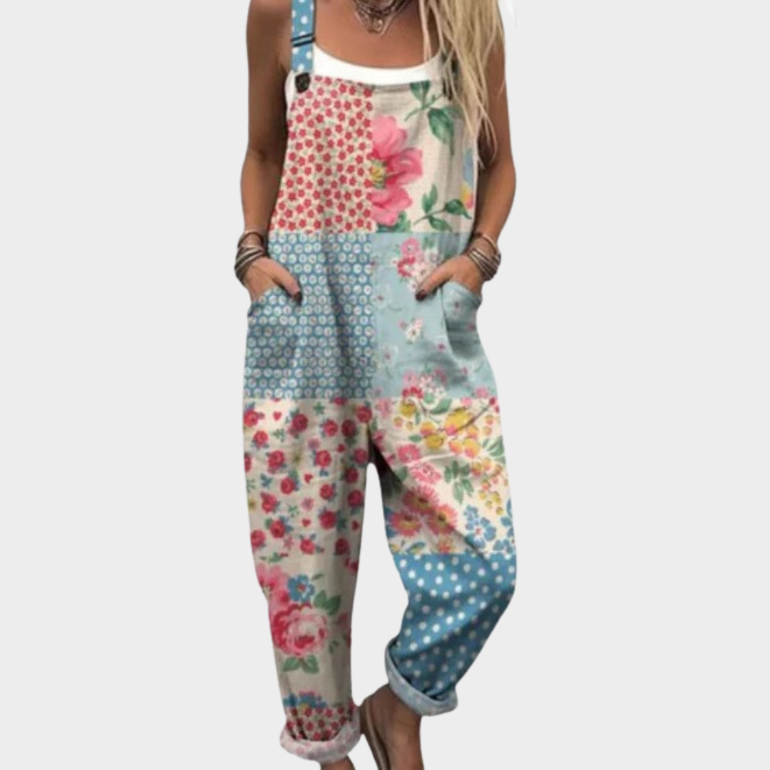 RELAXED-FIT PRINTED ADJUSTABLE-STRAP DUNGAREES