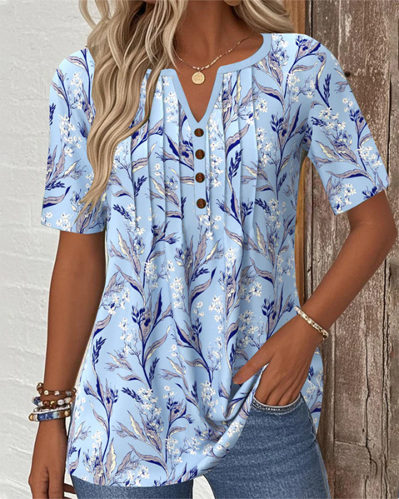 Dicie | Leaf-Print Button-Neck T-Shirt