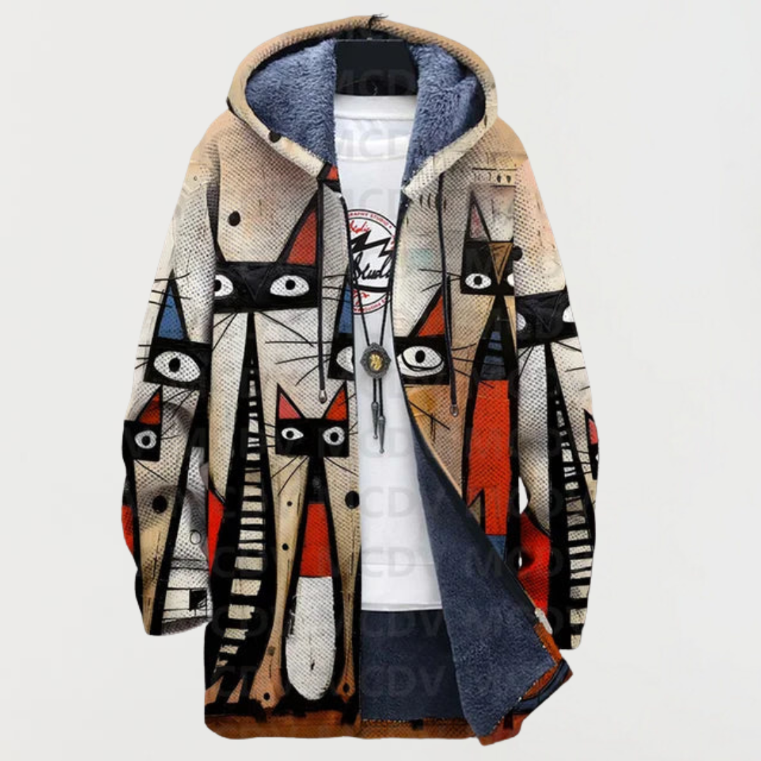 Úna | Abstract Coat With Cat Print