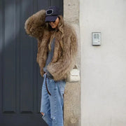 Delyth | Brown Faux-Fur Fitted Jacket in Brown