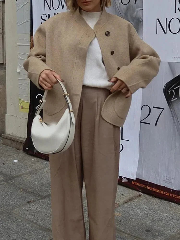 Tegwen | Oversized Wool-Blend Jacket with Patch Pockets in Khaki