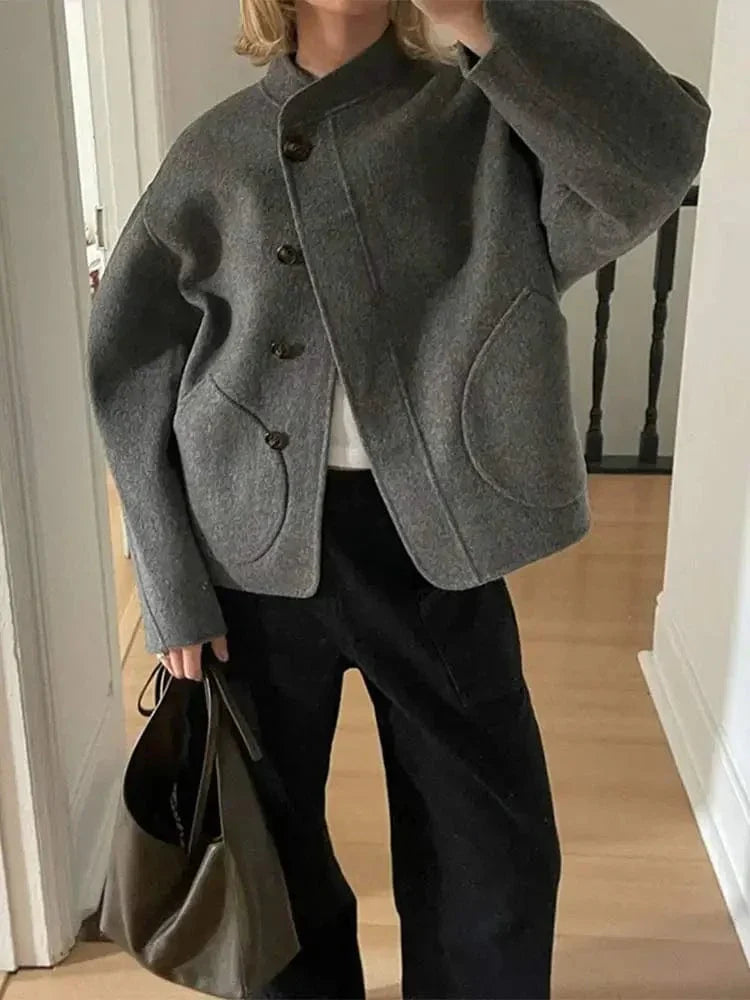 Tegwen | Oversized Wool-Blend Jacket with Patch Pockets in Grey